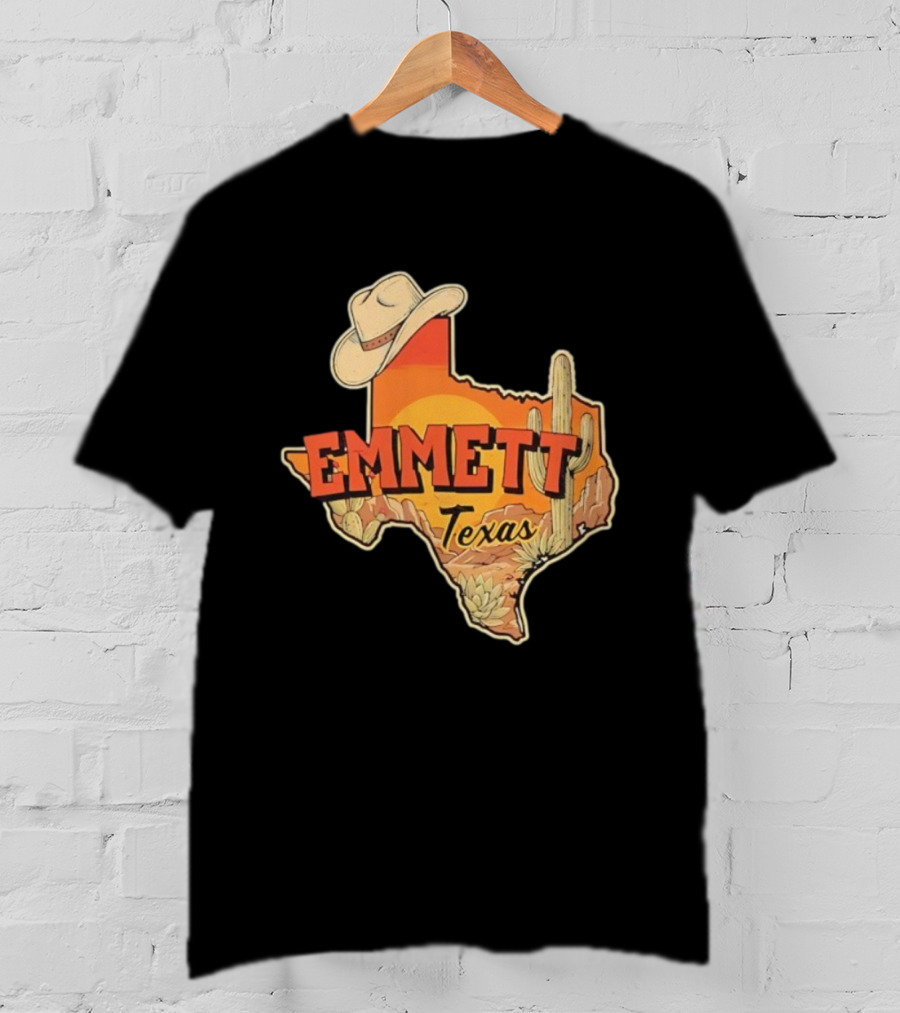 Emmett Texas Cowboy Hat Cactus Sunset Vintage Desert Scene T-Shirt