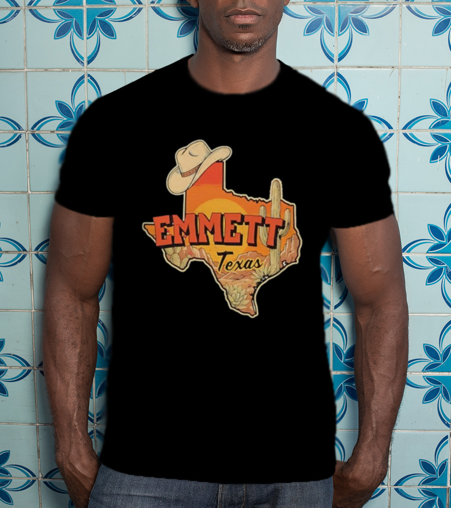 Emmett Texas Cowboy Hat Cactus Sunset Vintage Desert Scene T-Shirt
