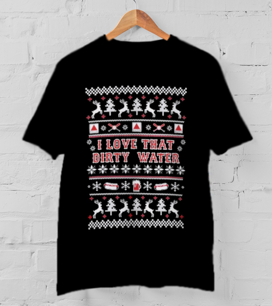 I Love That Dirty Water Christmas Tree Reindeer Crossing Hockey Ugly T-Shirt