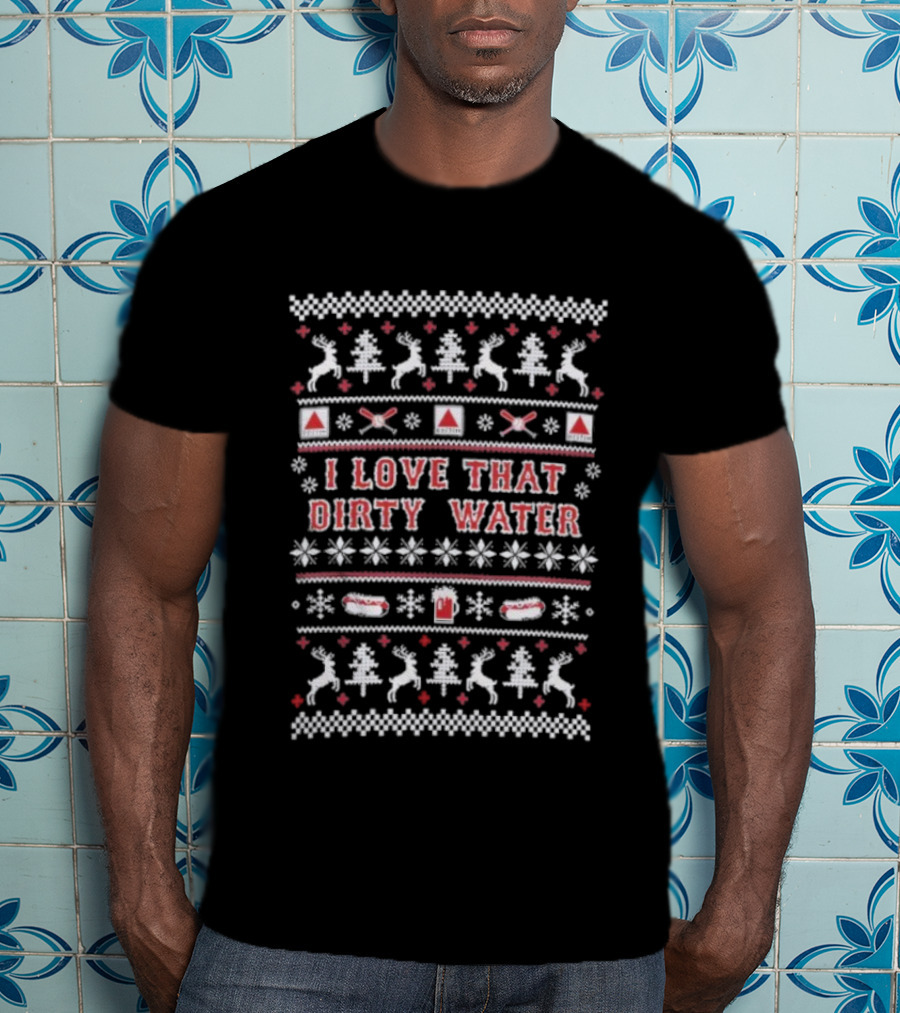 I Love That Dirty Water Christmas Tree Reindeer Crossing Hockey Ugly T-Shirt