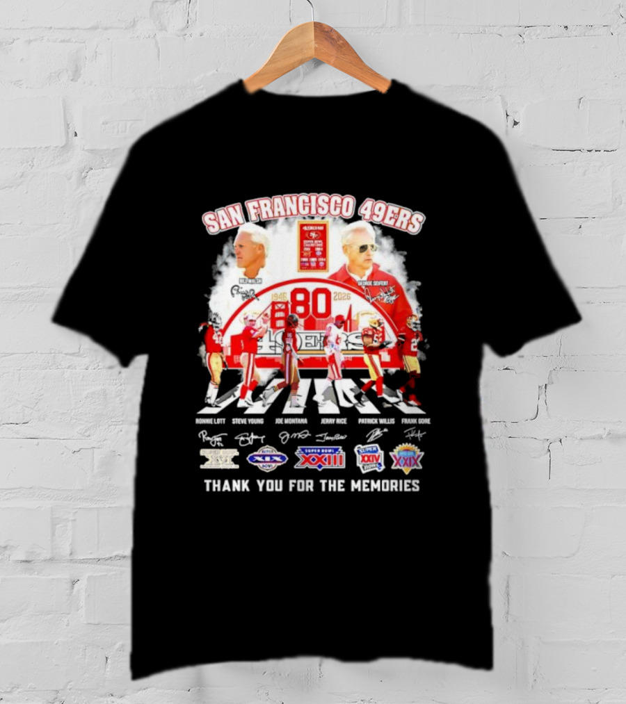 San Francisco 49ers 80 Years Two Coaches Players Signatures Super Bowl Memories T-Shirt