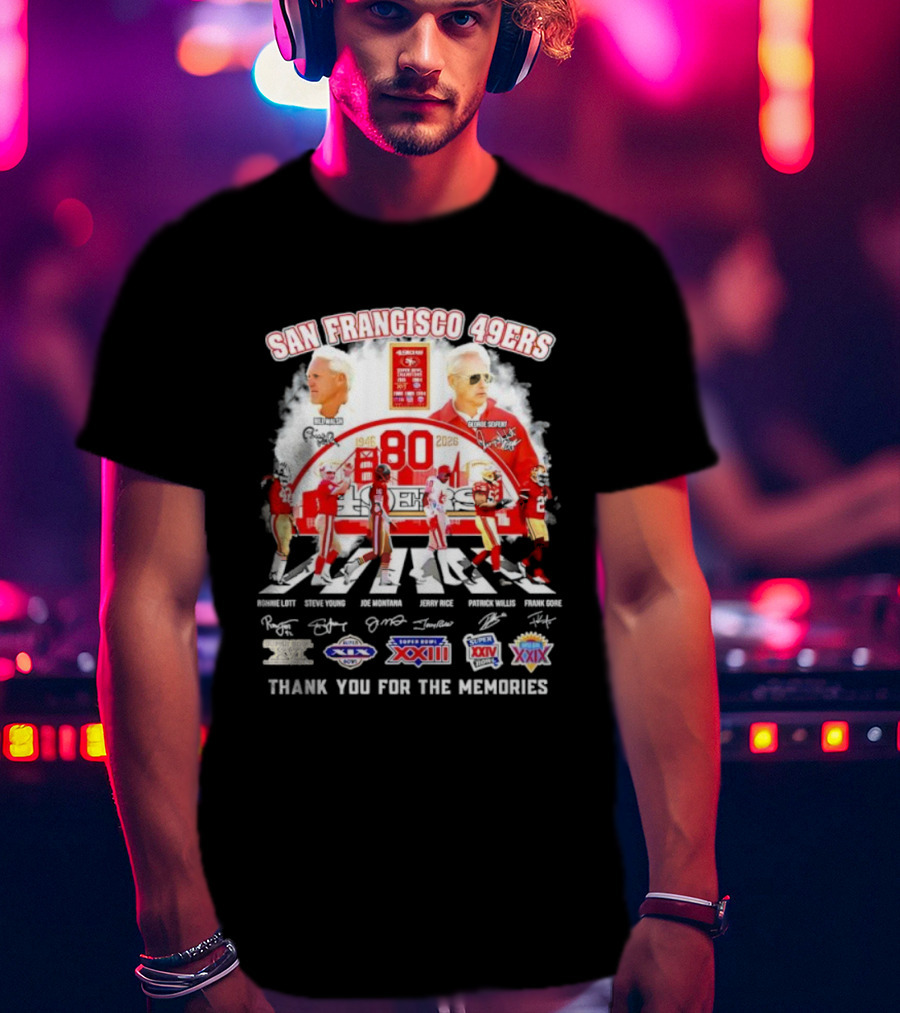 San Francisco 49ers 80 Years Two Coaches Players Signatures Super Bowl Memories T-Shirt