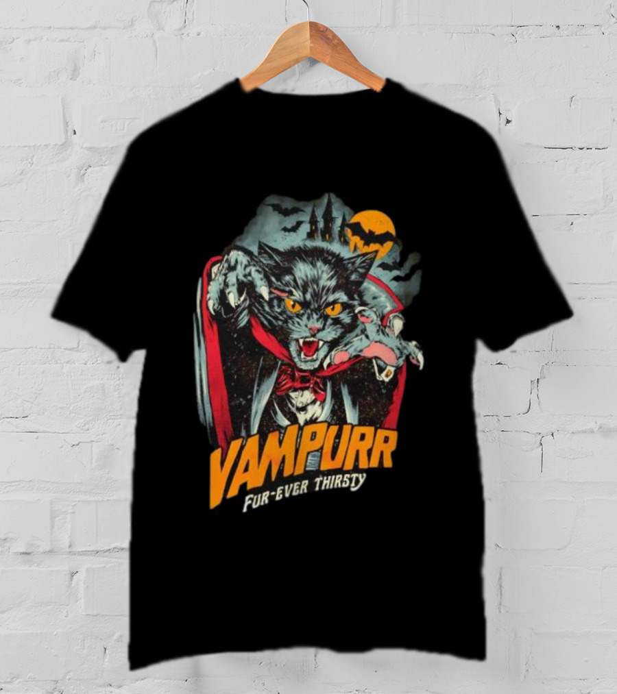 Vampurr Fur-Ever Thirsty Vampire Cat Halloween Moon Bats T-Shirt
