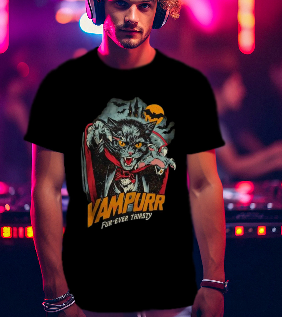 Vampurr Fur-Ever Thirsty Vampire Cat Halloween Moon Bats T-Shirt