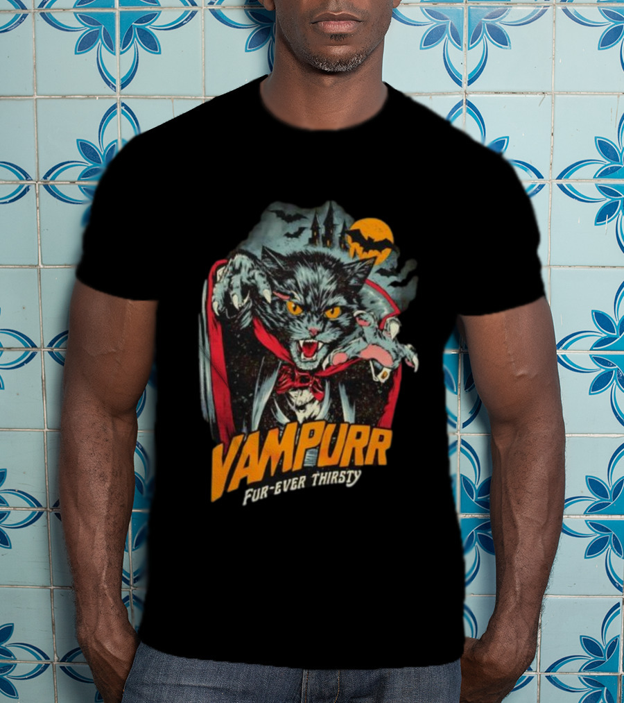 Vampurr Fur-Ever Thirsty Vampire Cat Halloween Moon Bats T-Shirt