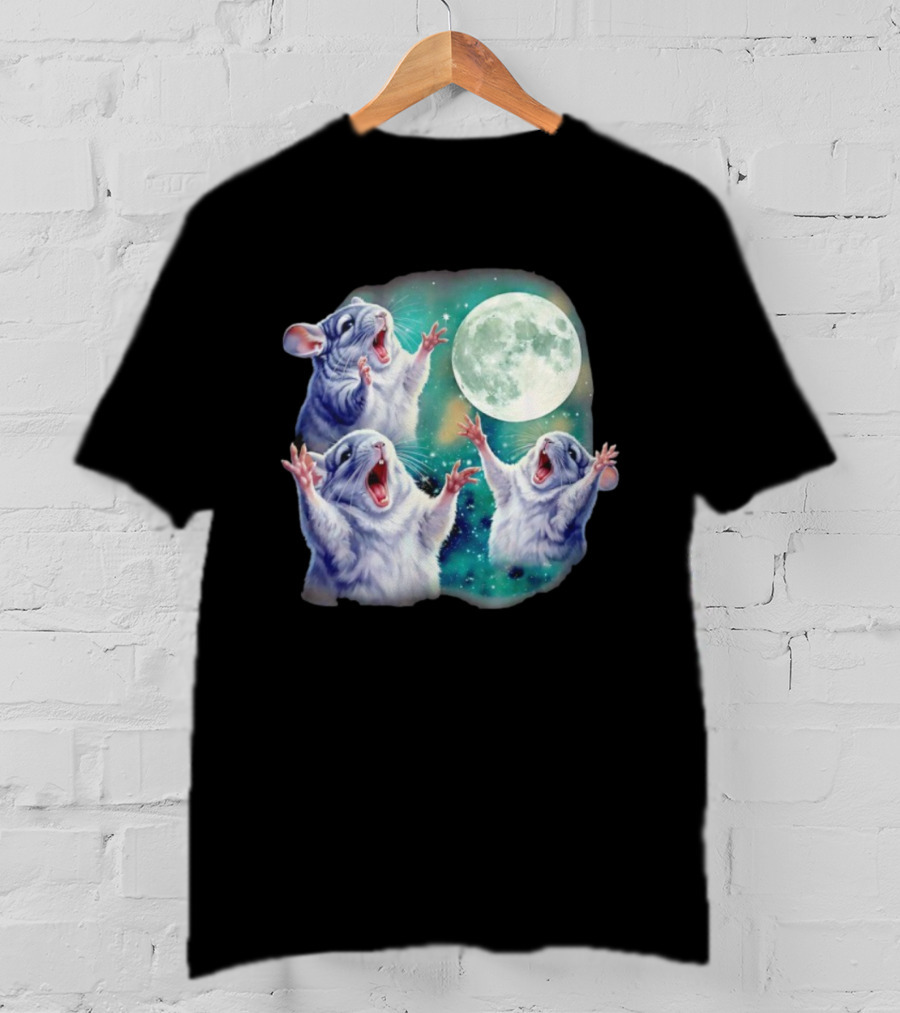 Three Chinchillas Howling At The Moon Cute Animal Meme Funny Rodent Lunar Scene T-Shirt
