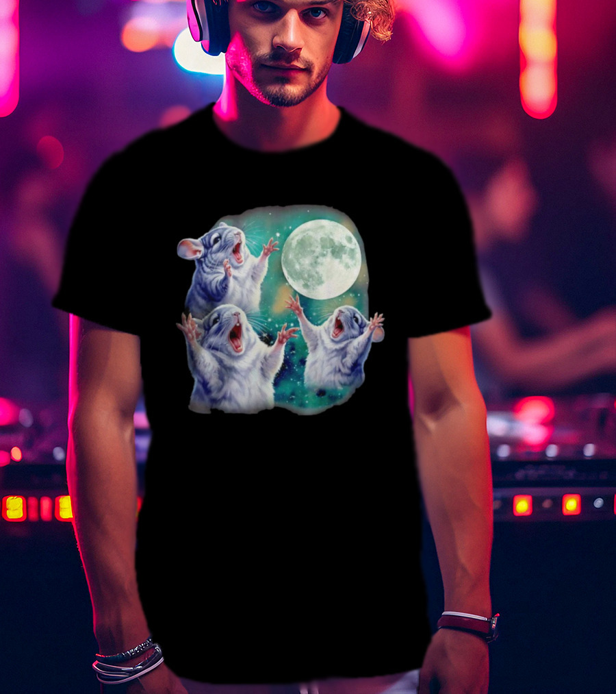 Three Chinchillas Howling At The Moon Cute Animal Meme Funny Rodent Lunar Scene T-Shirt
