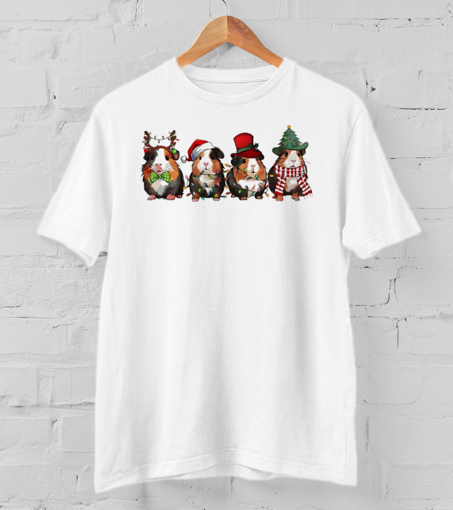 Guinea Pigs In Christmas Reindeer Santa Hats Tree Lights Holiday Theme T-Shirt