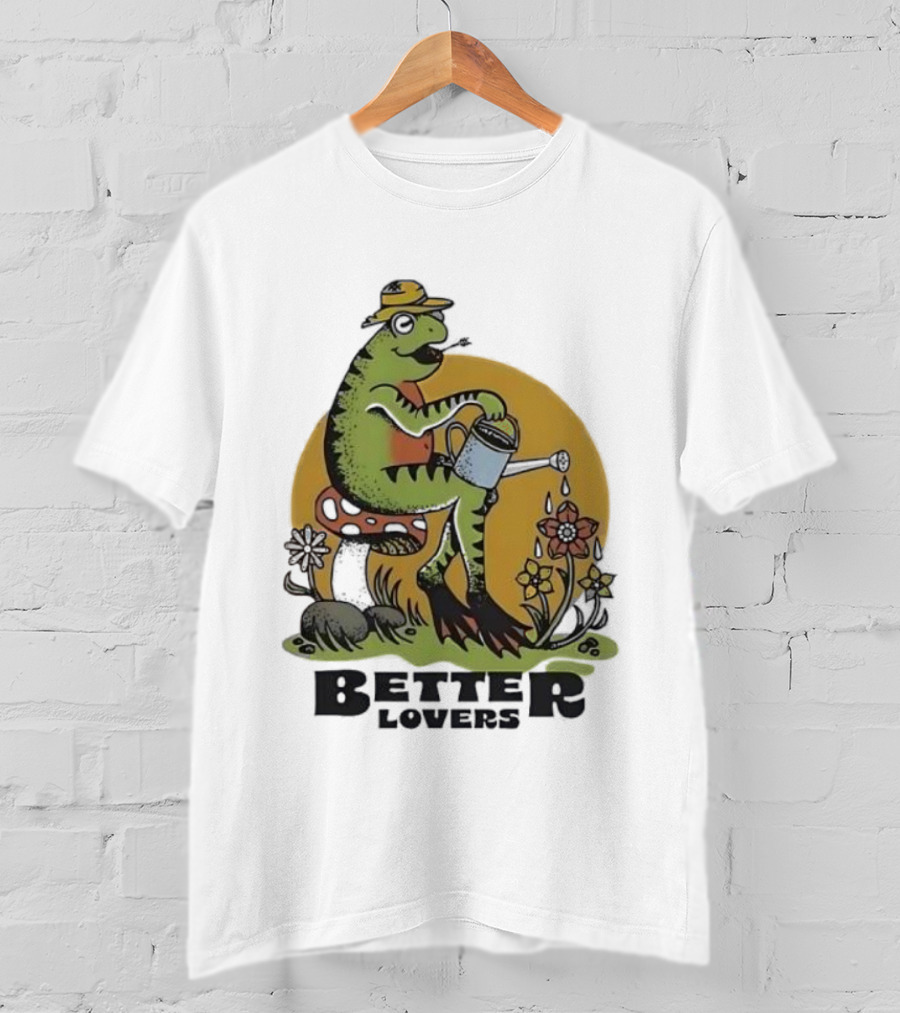 Frog On A Mushroom Watering Flowers Better Lovers Vintage Style T-Shirt