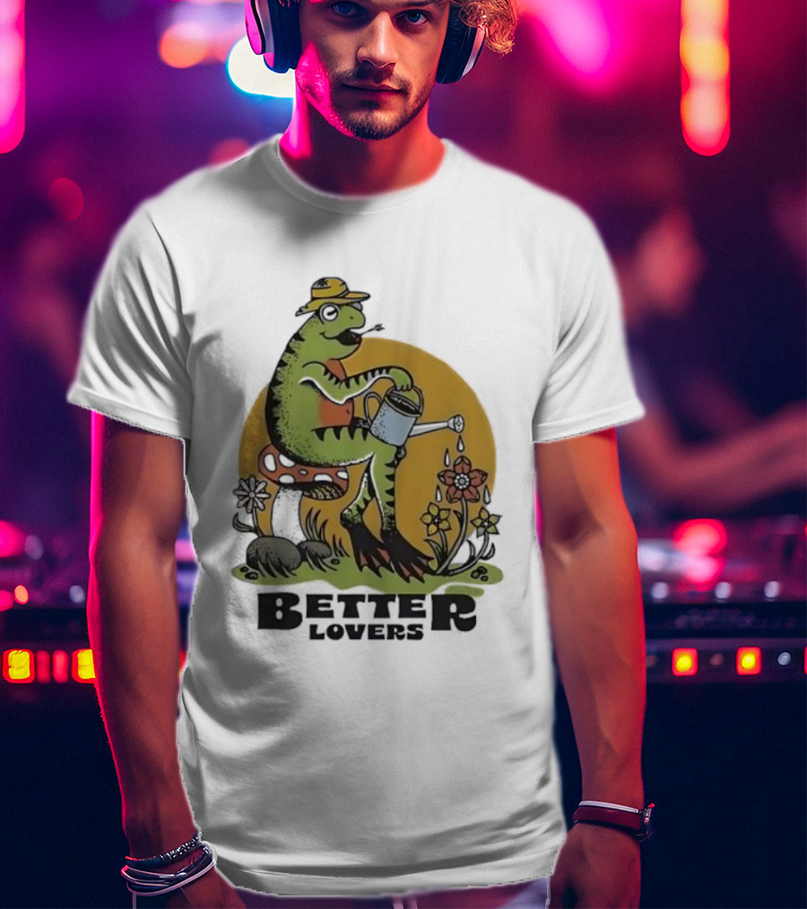 Frog On A Mushroom Watering Flowers Better Lovers Vintage Style T-Shirt