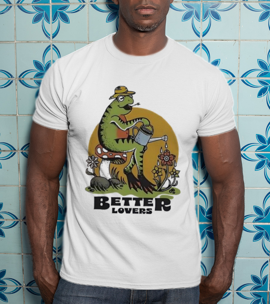 Frog On A Mushroom Watering Flowers Better Lovers Vintage Style T-Shirt