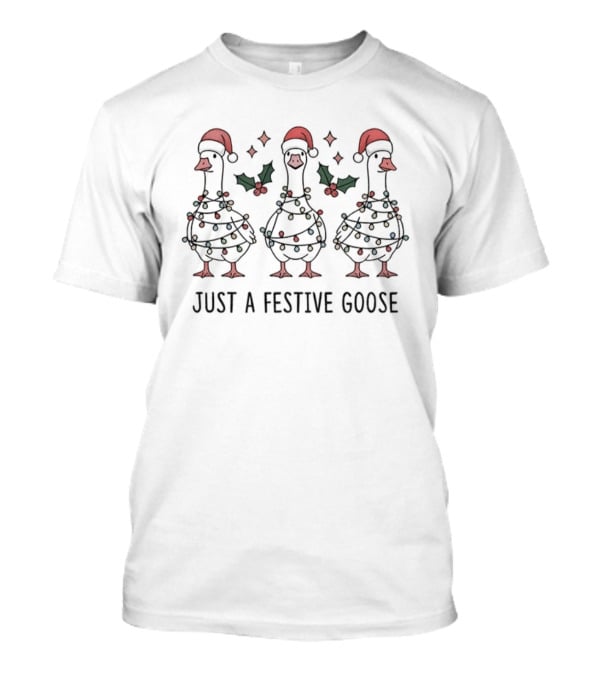 Festive Santa Hat Goose Wrapped In Christmas Lights Holiday Humor T-Shirt