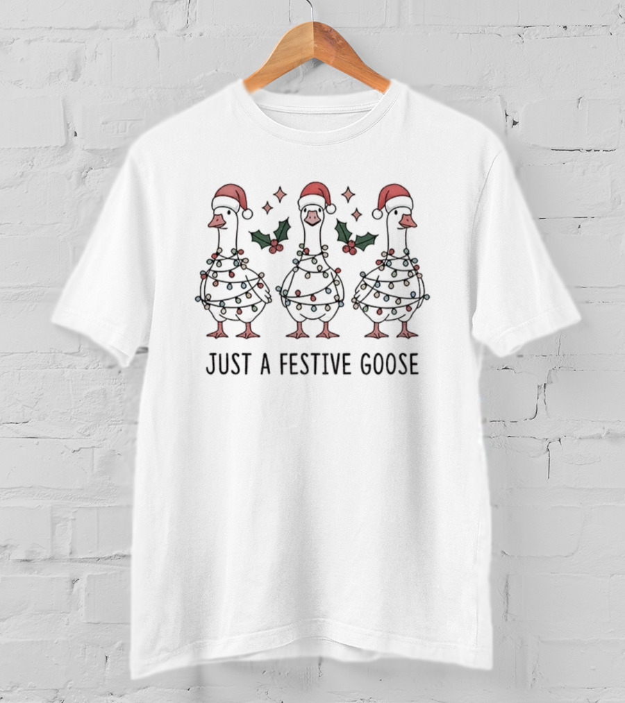 Festive Santa Hat Goose Wrapped In Christmas Lights Holiday Humor T-Shirt