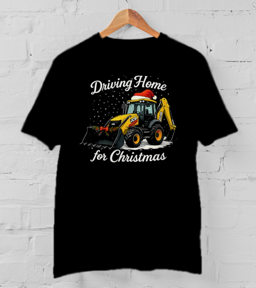 Driving Home For Christmas JCB Excavator Loader Santa Hat Snowfall Scene T-Shirt