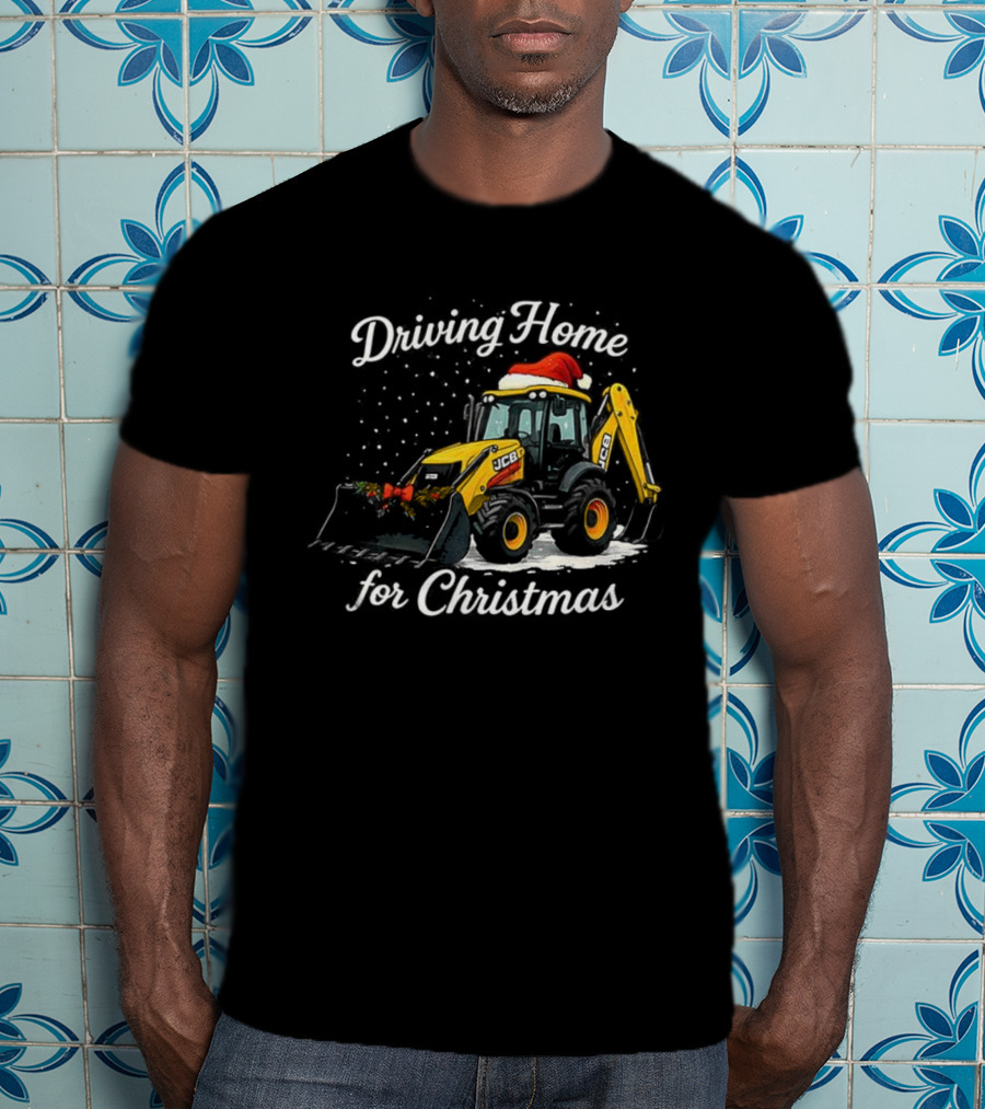 Driving Home For Christmas JCB Excavator Loader Santa Hat Snowfall Scene T-Shirt