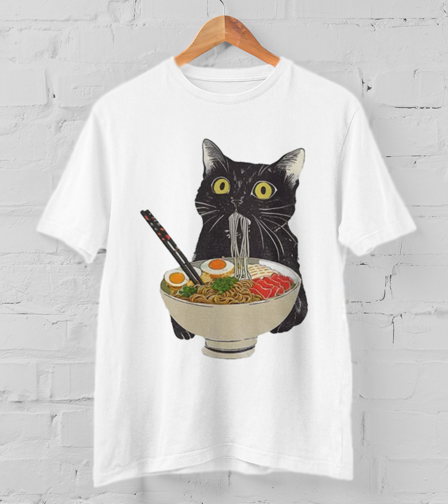 Black Cat Slurping Ramen With Chopsticks Japan Style T-Shirt