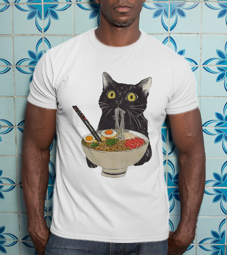 Black Cat Slurping Ramen With Chopsticks Japan Style T-Shirt