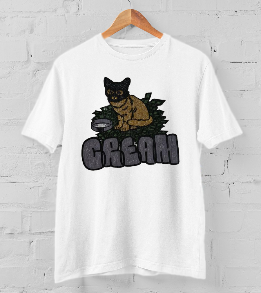 CREAM Cat Vintage Style With Bowl And Leafy Background T-Shirt