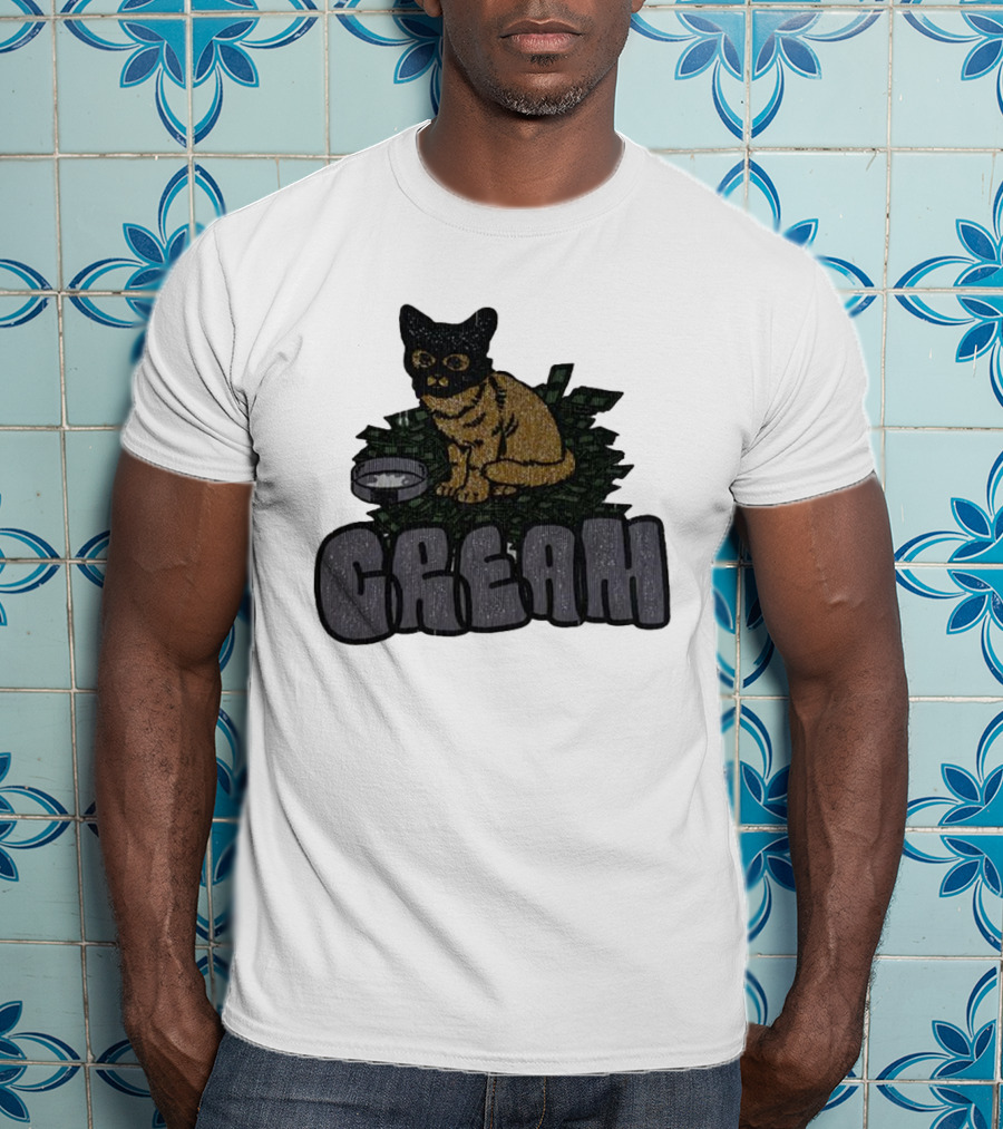 CREAM Cat Vintage Style With Bowl And Leafy Background T-Shirt