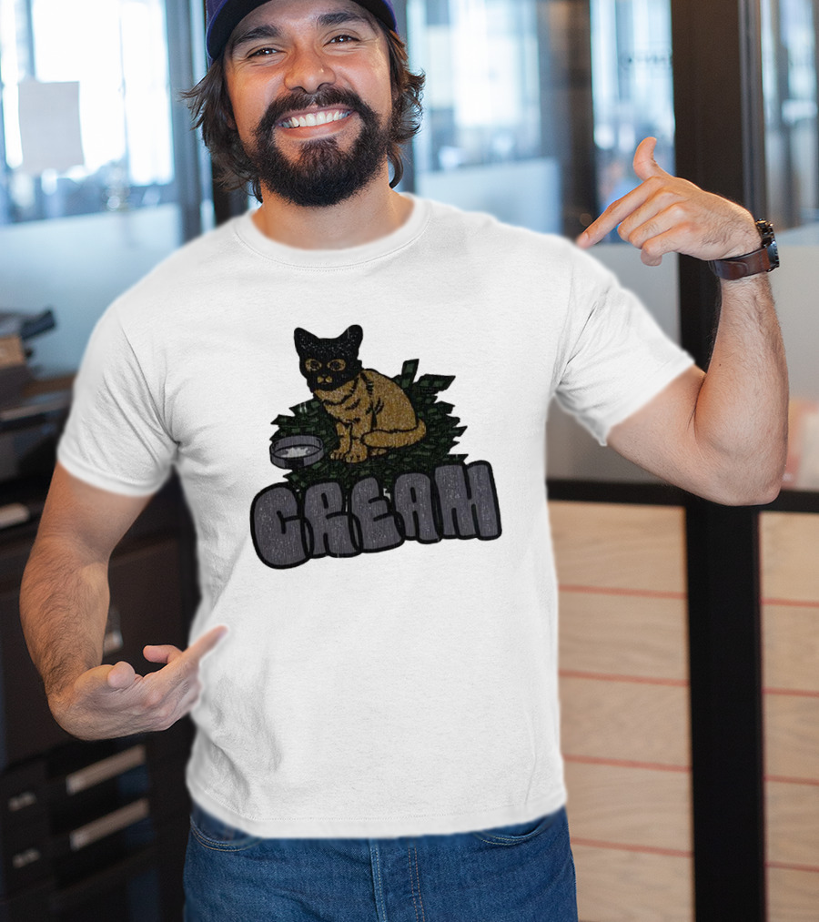 CREAM Cat Vintage Style With Bowl And Leafy Background T-Shirt