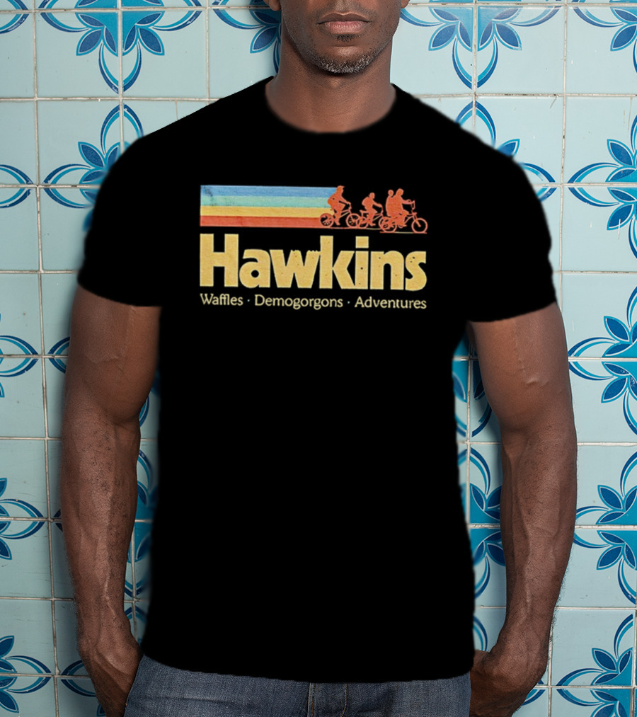 Hawkins Waffles Demogorgons Adventures Retro Stripe Bike Riders T-Shirt