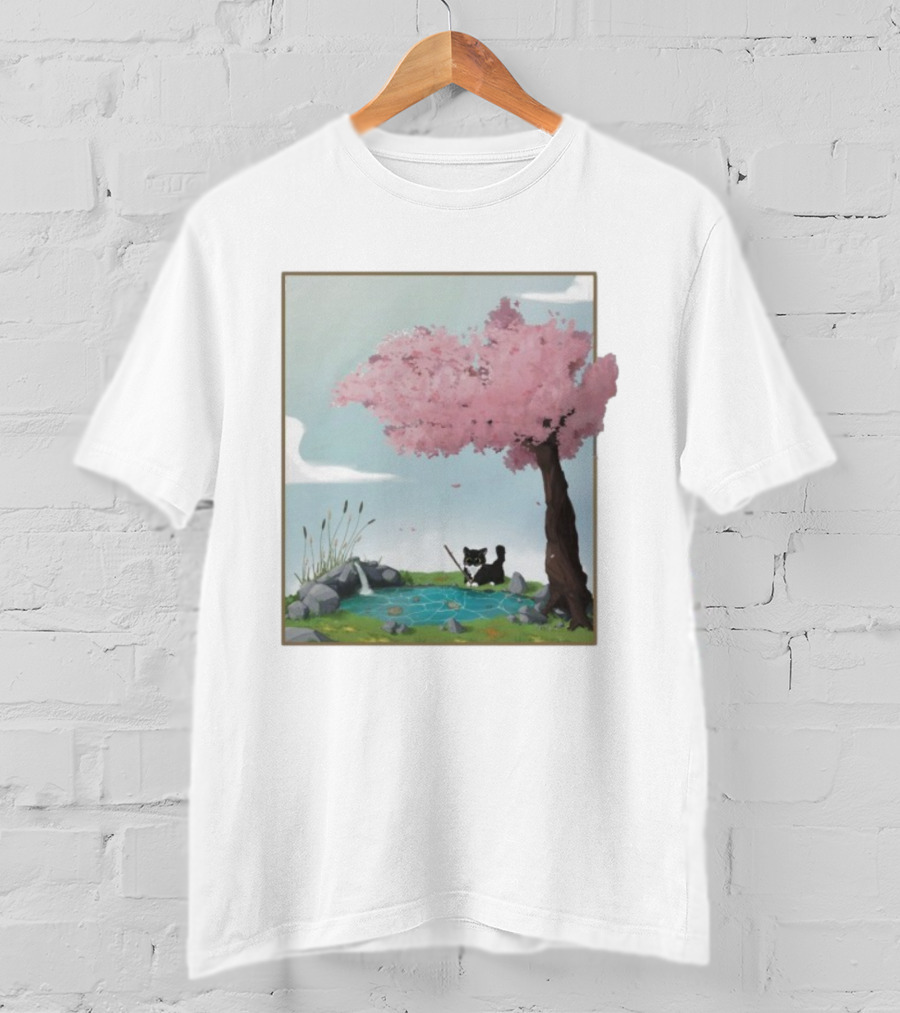 Cherry Blossom Cat Fishing By Tranquil Pond T-Shirt