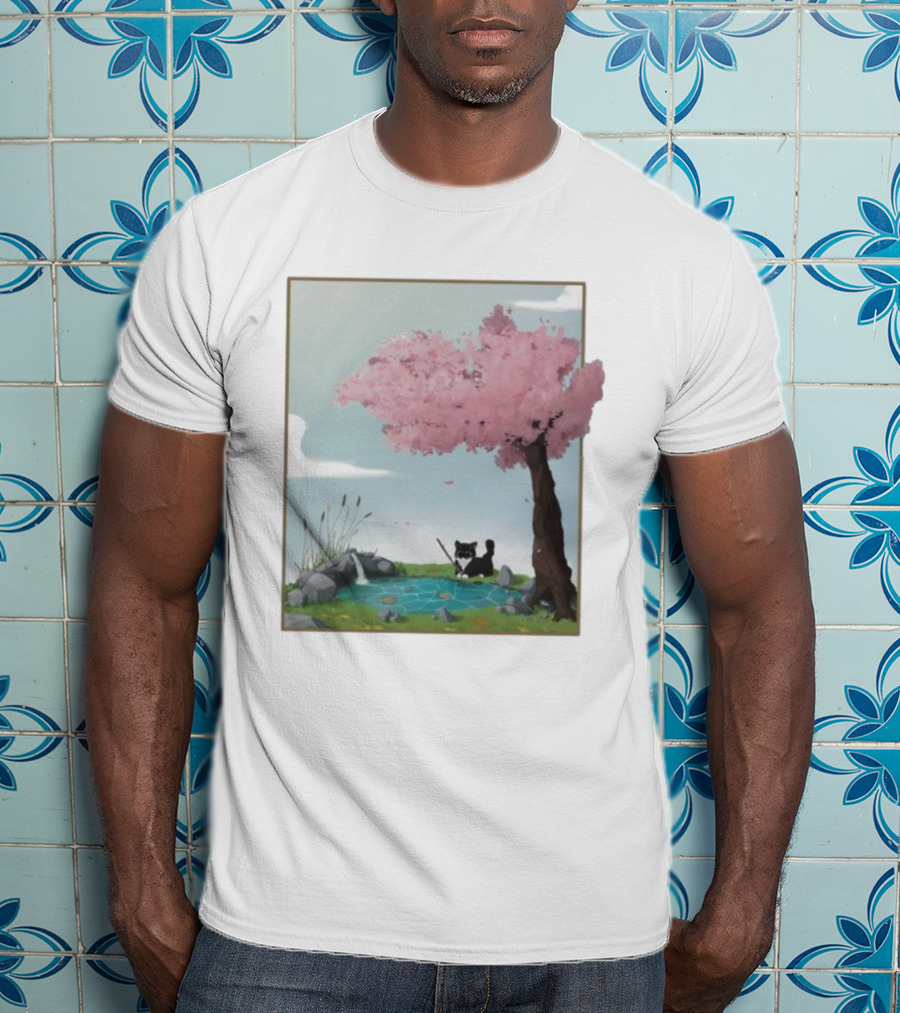Cherry Blossom Cat Fishing By Tranquil Pond T-Shirt