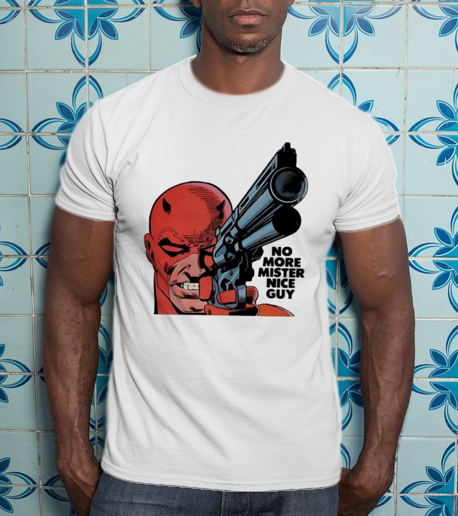 No More Mister Nice Guy Devil With Gun Retro Comic Style T-Shirt