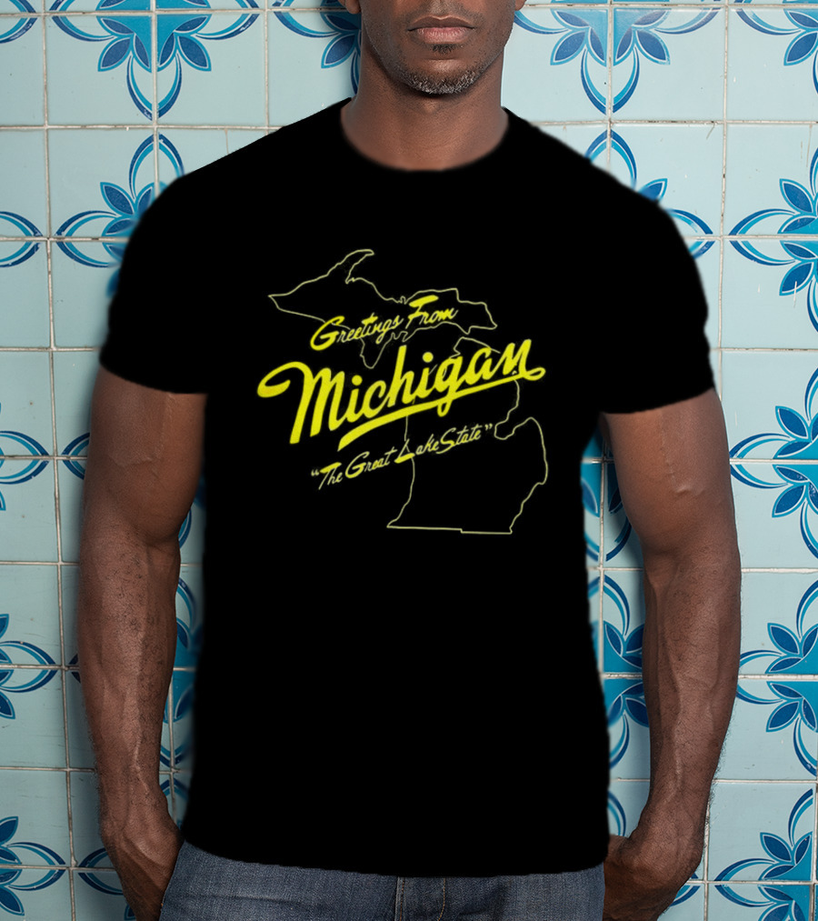 Greetings From Michigan The Great Lake State Map Outline T-Shirt