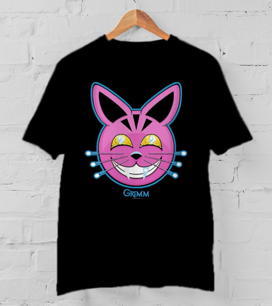 Grimm Retchid Kat Pink Cartoon Face With Yellow Eyes And Blue Whiskers T-Shirt