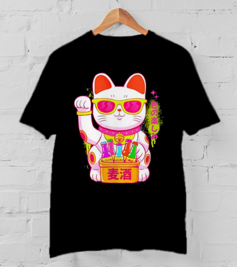 Lucky Maneki Neko With Sunglasses And Colorful Drinks T-Shirt