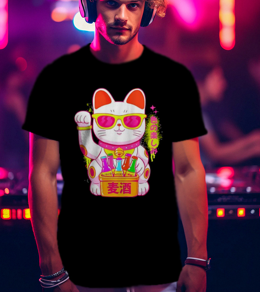 Lucky Maneki Neko With Sunglasses And Colorful Drinks T-Shirt