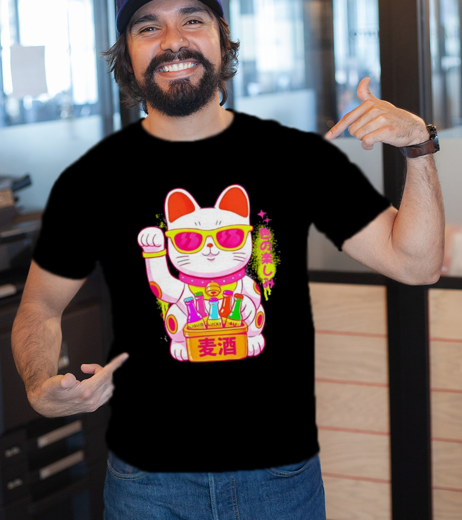 Lucky Maneki Neko With Sunglasses And Colorful Drinks T-Shirt