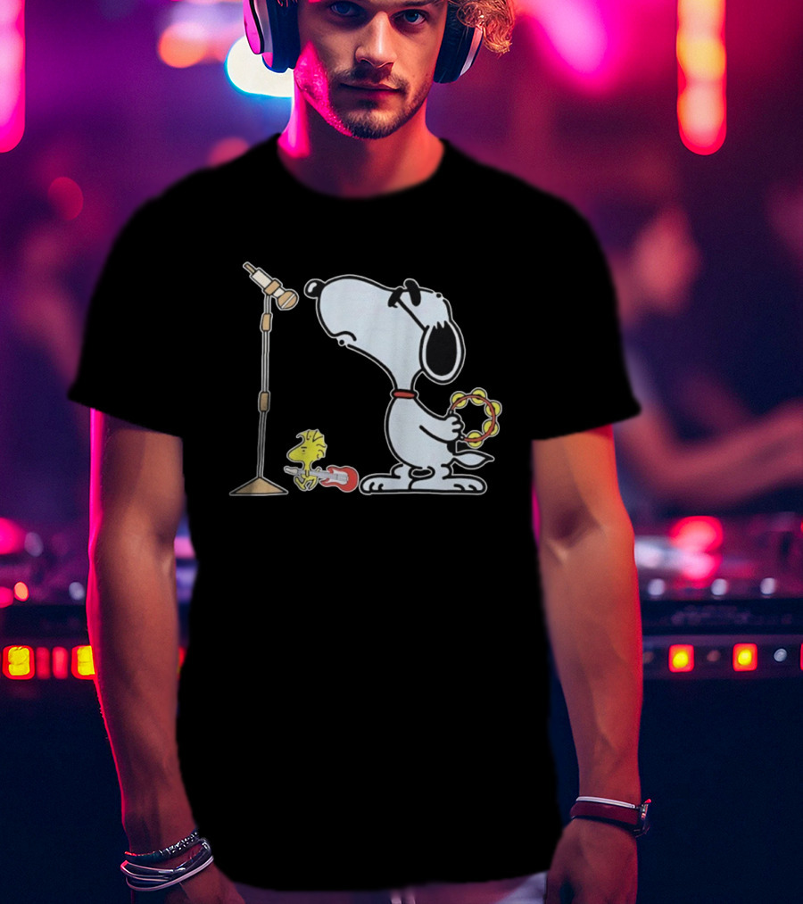 Oasis Snoopy And Woodstock Rock Band Peanuts Tambourine Guitar Microphone T-Shirt