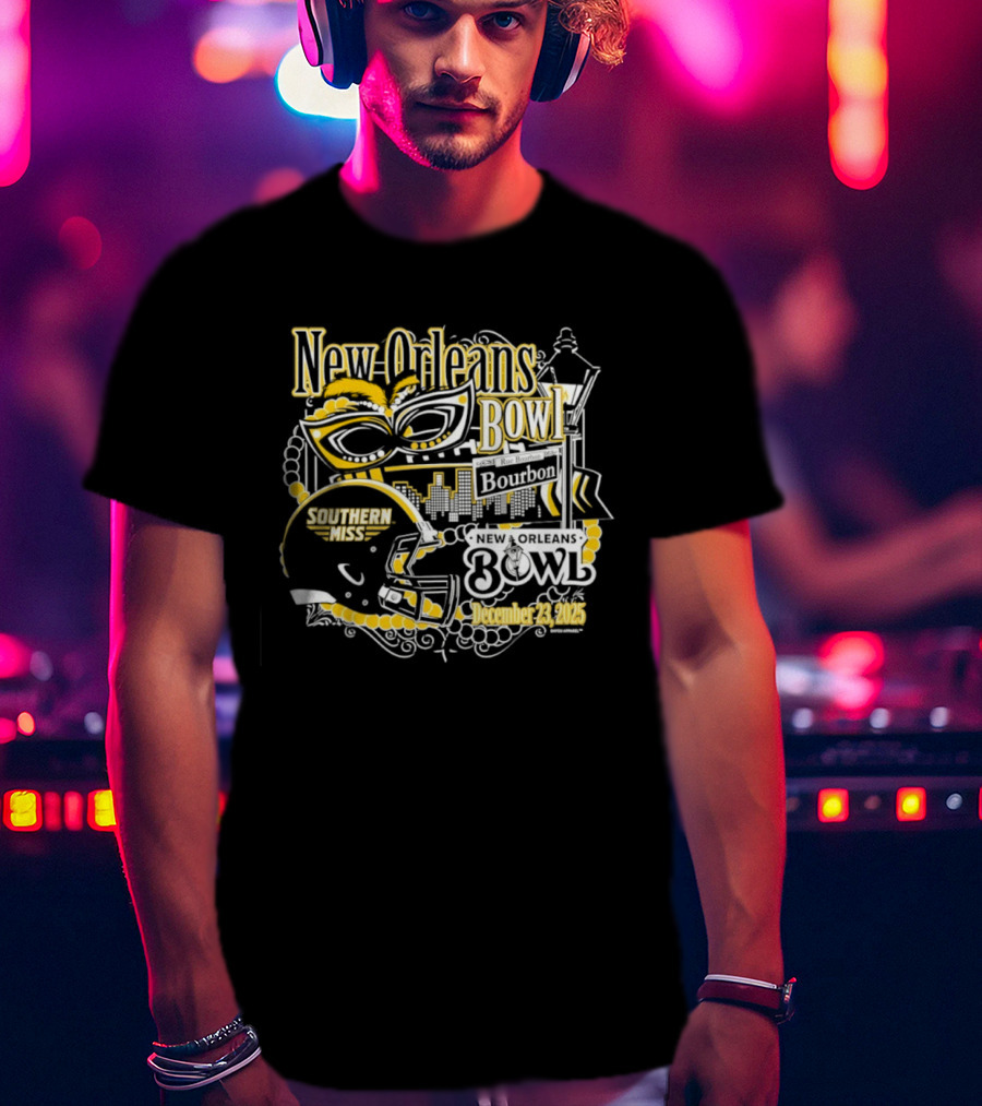 Southern Miss Golden Eagles New Orleans Bowl December 23 2025 Bourbon Street Helmet Mardi Gras Beads Skyline T-Shirt