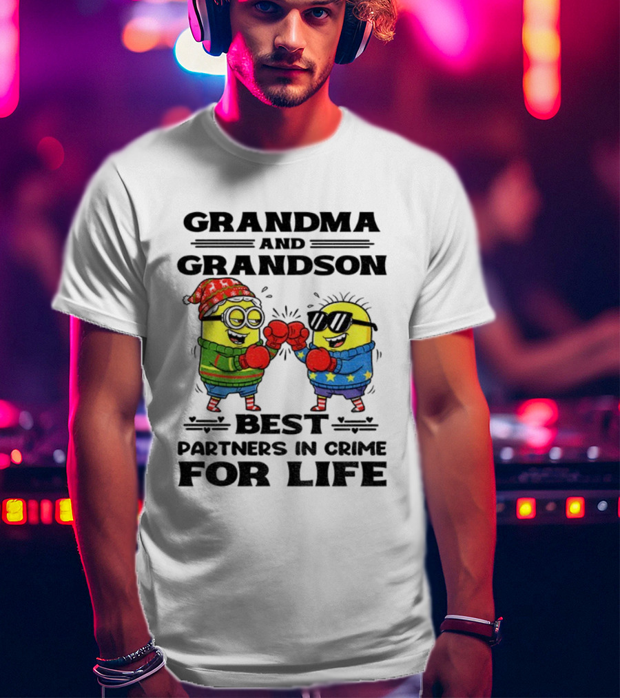Grandma Grandson Best Partners In Crime For Life Christmas Minions T-Shirt