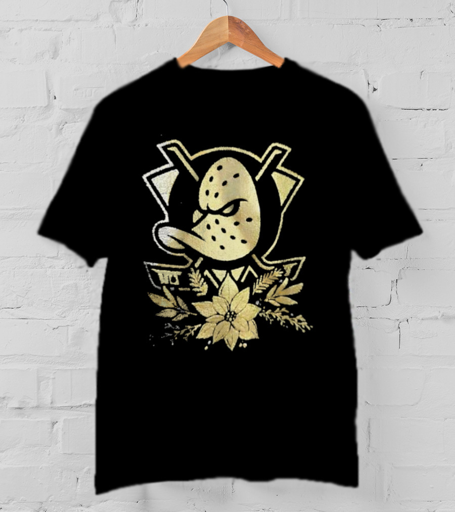 Anaheim Mighty Ducks Gold Holiday Hockey Logo With Festive Flowers T-Shirt