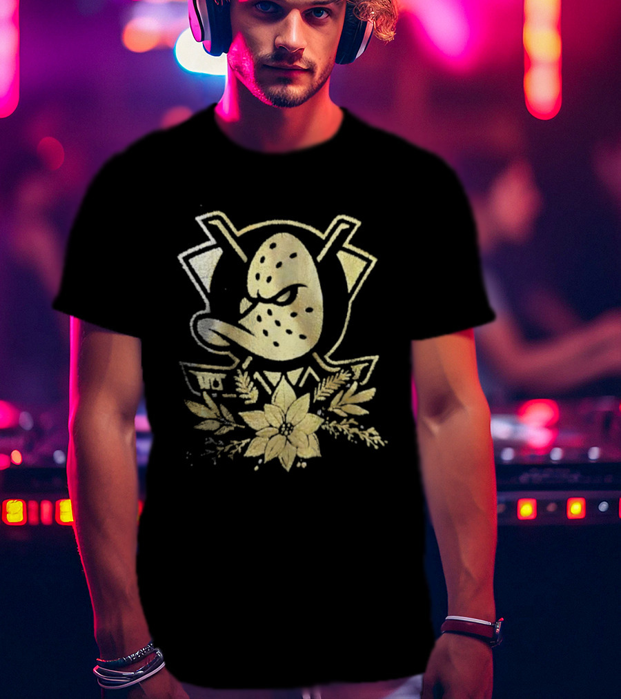 Anaheim Mighty Ducks Gold Holiday Hockey Logo With Festive Flowers T-Shirt