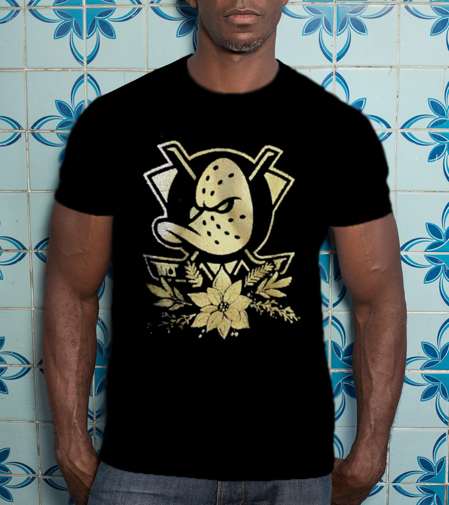 Anaheim Mighty Ducks Gold Holiday Hockey Logo With Festive Flowers T-Shirt