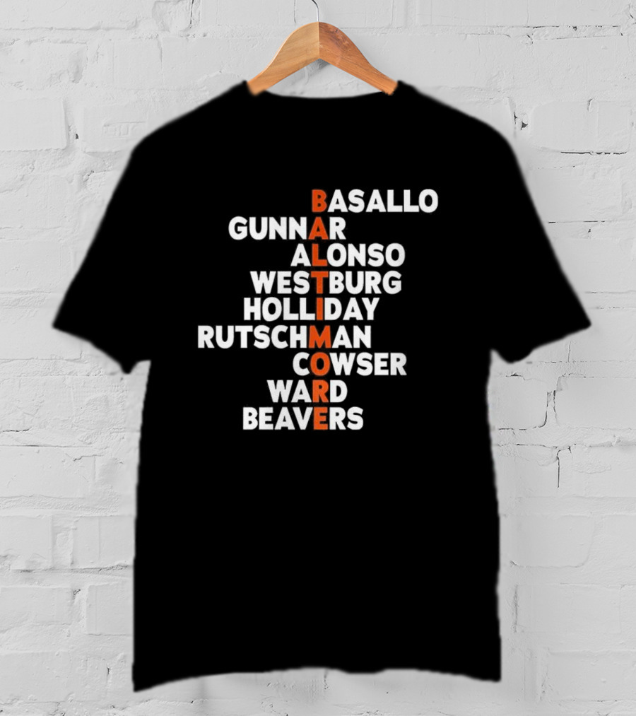 Baltimore Orioles Baseball Player Names Basallo Gunnar Alonso Westburg Holliday Rutschman Cowser Ward Beavers 2026 T-Shirt