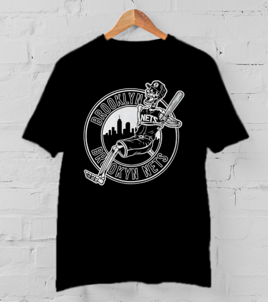 Brooklyn Nets Skeleton Player Baseball Crossover Cityscape T-Shirt