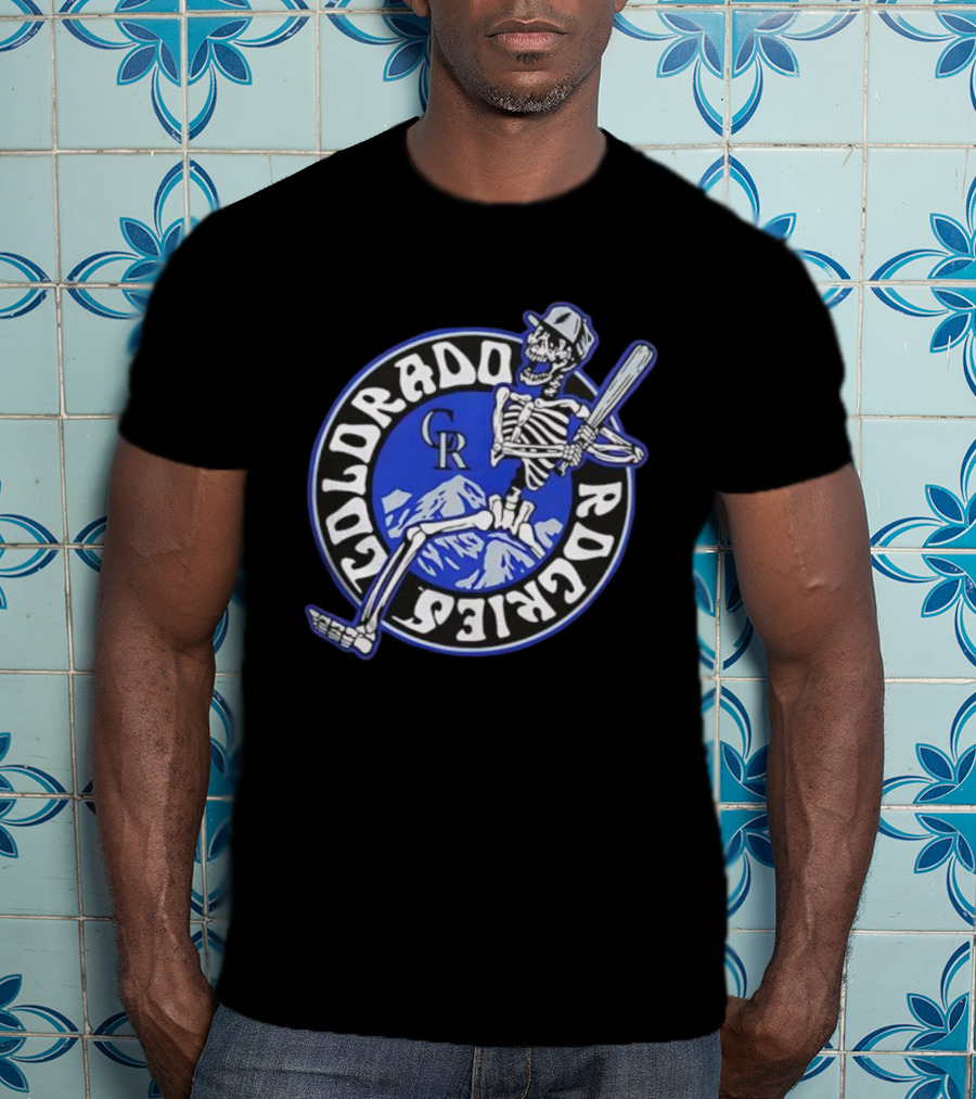 Colorado Rockies Skeleton Player CR Batting Scene Rockies Mountains Circle T-Shirt