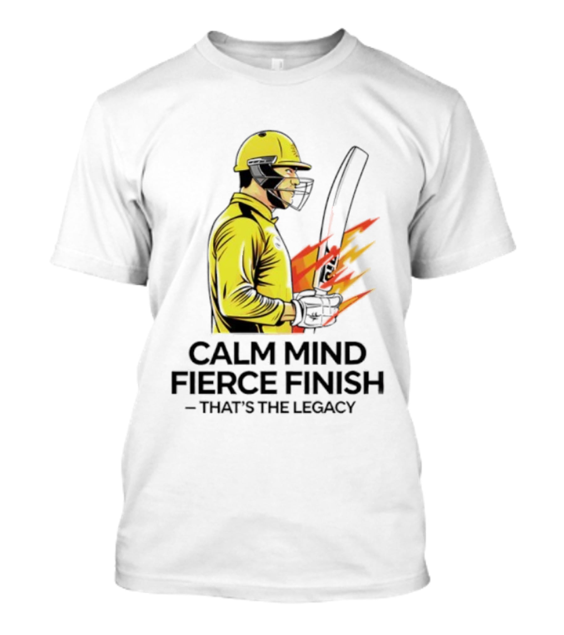 Calm Mind Fierce Finish Cricket Legacy Yellow Helmet Bat Flames T-Shirt