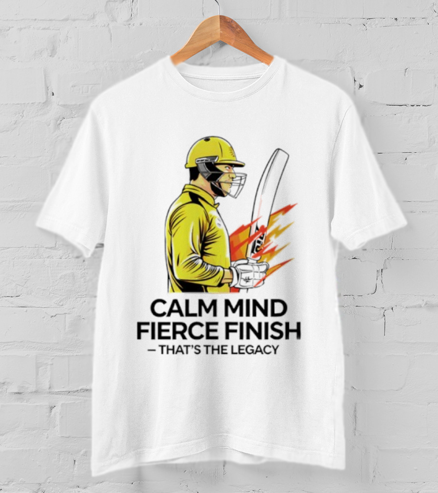 Calm Mind Fierce Finish Cricket Legacy Yellow Helmet Bat Flames T-Shirt