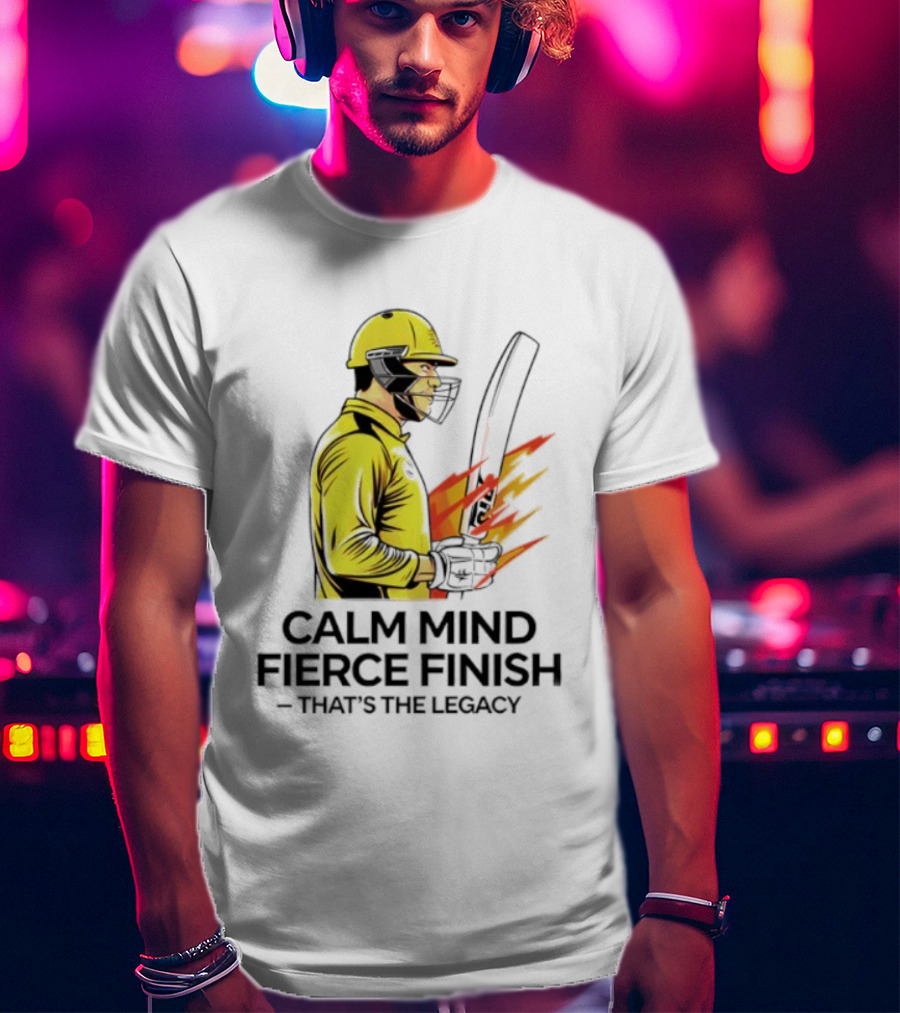 Calm Mind Fierce Finish Cricket Legacy Yellow Helmet Bat Flames T-Shirt