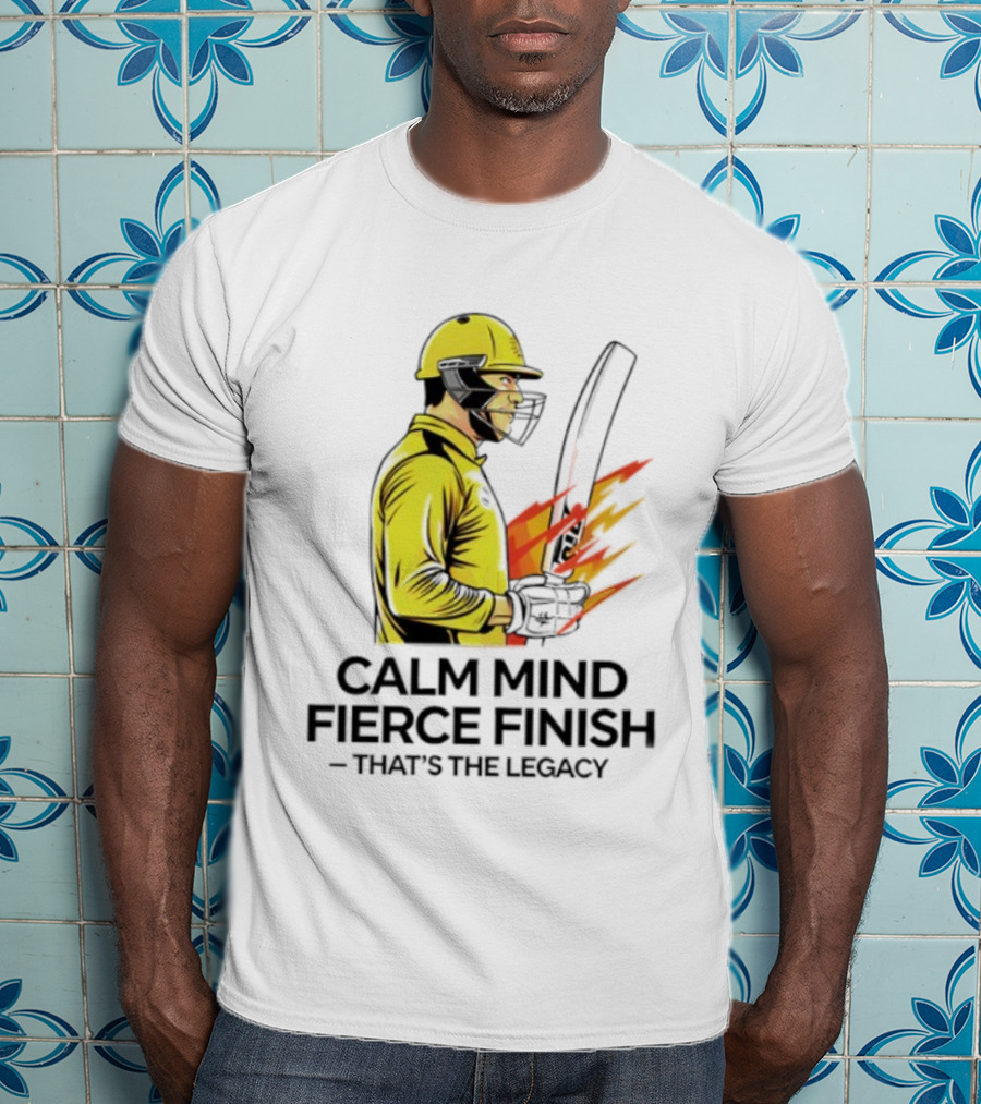 Calm Mind Fierce Finish Cricket Legacy Yellow Helmet Bat Flames T-Shirt