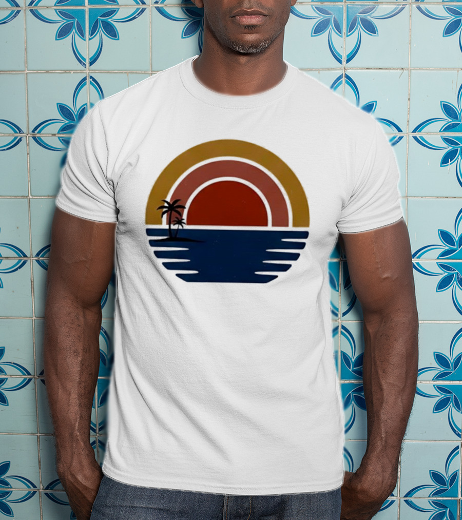 Retro Minimalist Sunset With Palm Trees And Ocean Waves T-Shirt