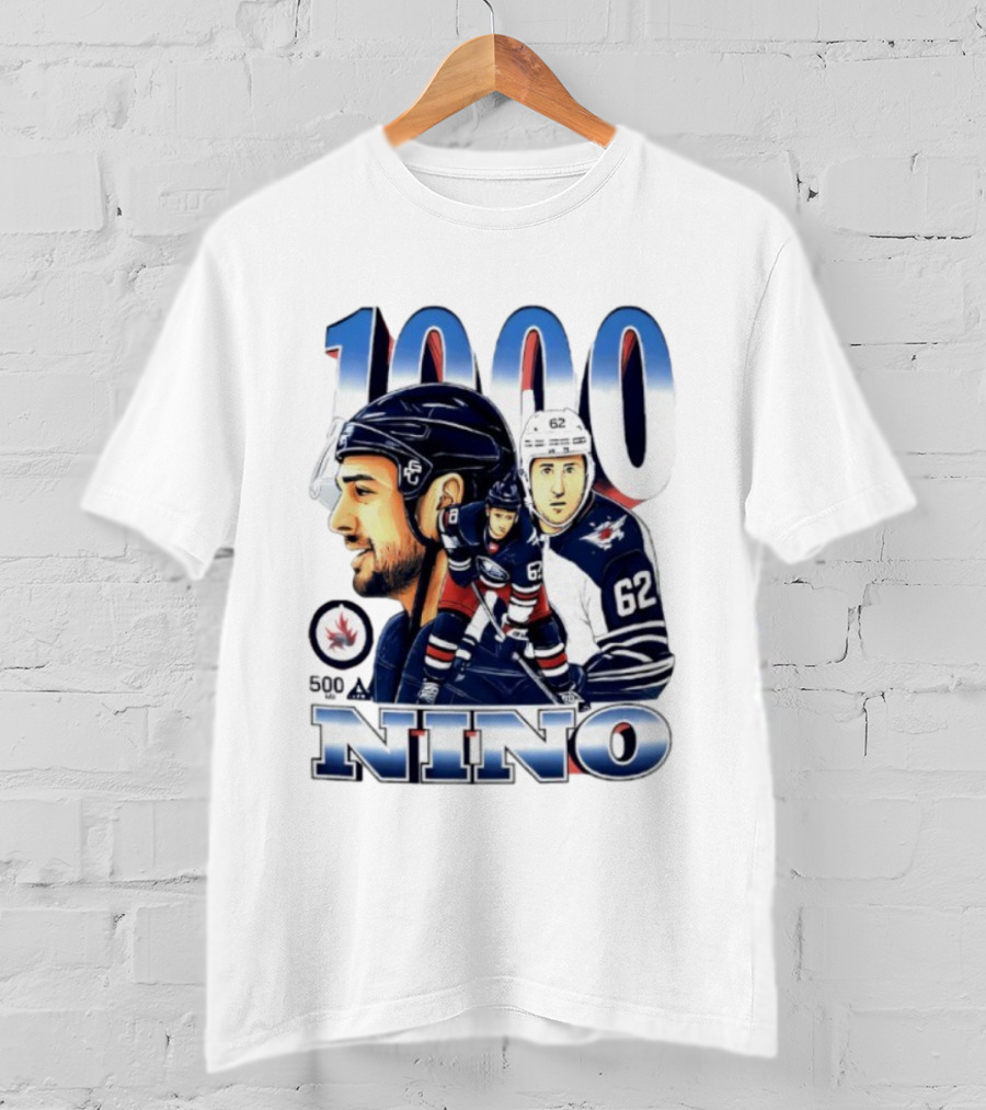 Nino 1000 Games Hockey Featuring Number 62 And Winnipeg Jets Colors T-Shirt