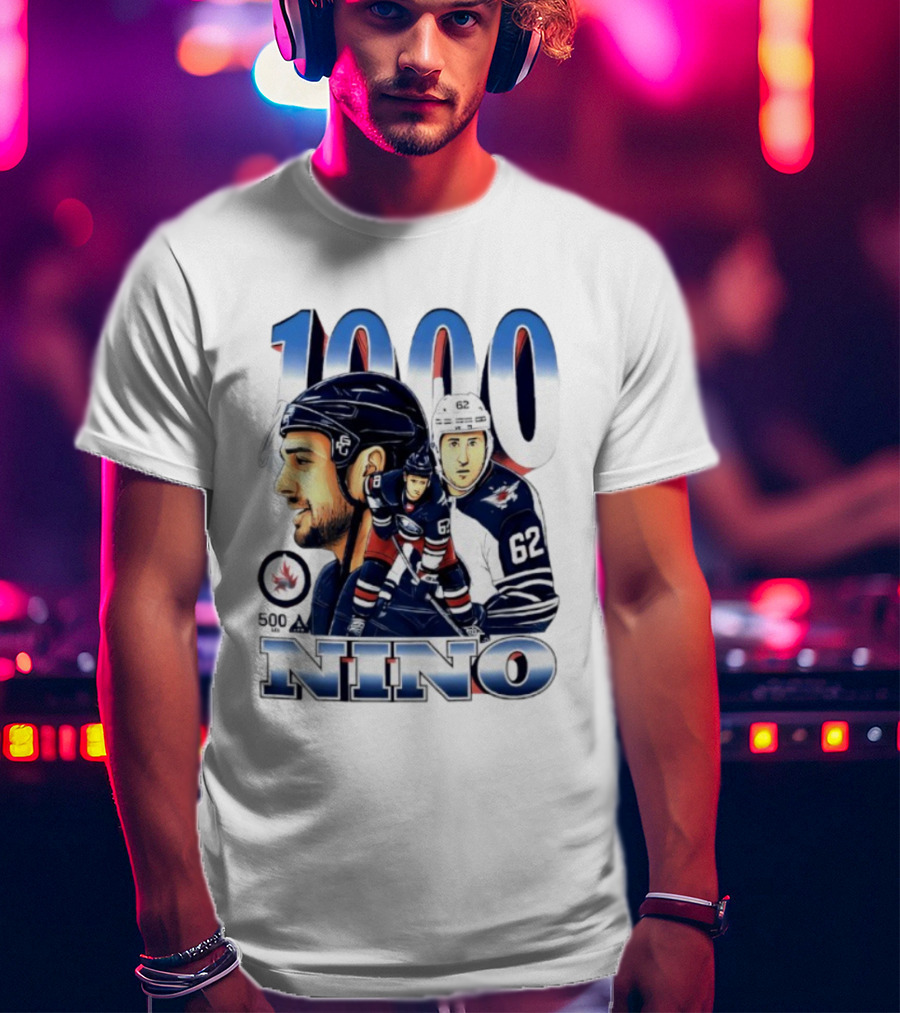 Nino 1000 Games Hockey Featuring Number 62 And Winnipeg Jets Colors T-Shirt