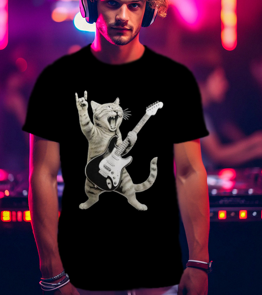 Funny Cat Playing Electric Guitar Rock And Roll Pose T-Shirt